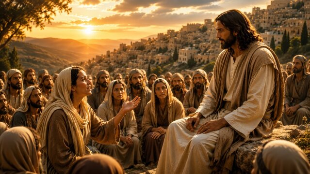Jesus Teaching a Woman and Crowd &ndash; Biblical Scene from the Gospel of Luke