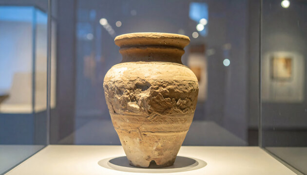 Ancient clay vessel exhibited in a glass museum display case showing intricate carved historical textures and beige earthy tones