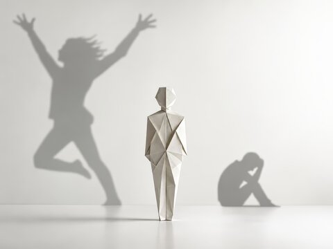 A still origami figure stands between two contrasting shadows, one joyful and energetic, the other withdrawn and sorrowful. The minimalist conceptual image symbolizes bipolar depression, emotional ext