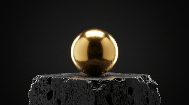 Golden sphere on black stone block for luxury and abstract design