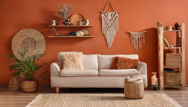 cozy boho living room interior with beige sofa and shelf against terracotta orange wall
