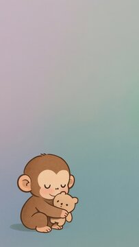 Cute monkey hugging teddy.