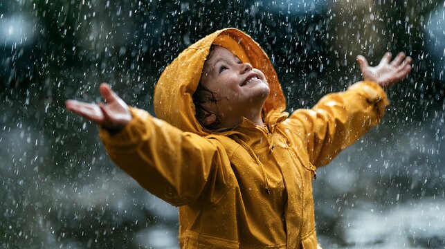 Small child in yellow coat plays in rain, feeling joyful.