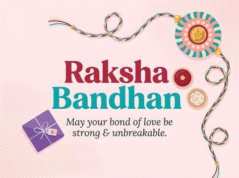 A vibrant Raksha Bandhan greeting card featuring a traditional rakhi, a gift box, and a heartfelt message wishing for a strong and unbreakable bond of love.
