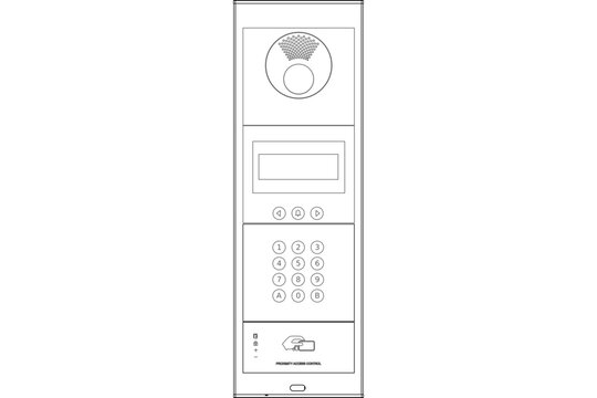 Technical vector drawing of an intercom and proximity access control system panel featuring a camera, speaker, display screen, navigation buttons, a numeric keypad, and a card reader section.