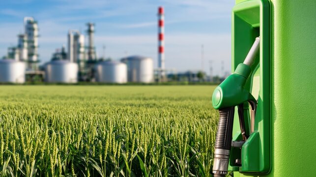 Biofuel nozzle in a green wheat field with refinery industry and renewable fuel