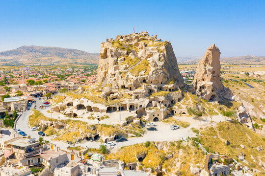 Uchisar castle in rock formation. Cappadocia. Nevsehir Province. Turkey