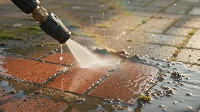 High Pressure Washer Cleaning Dirty Brick Pavement, Close Up of Water Jet Removing Moss and Grime from Patio Stones in Sunlight