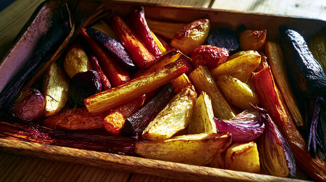 Roasted carrots, potatoes, parsnips, and red onion creating a colorful, healthy, and rustic vegetable side dish