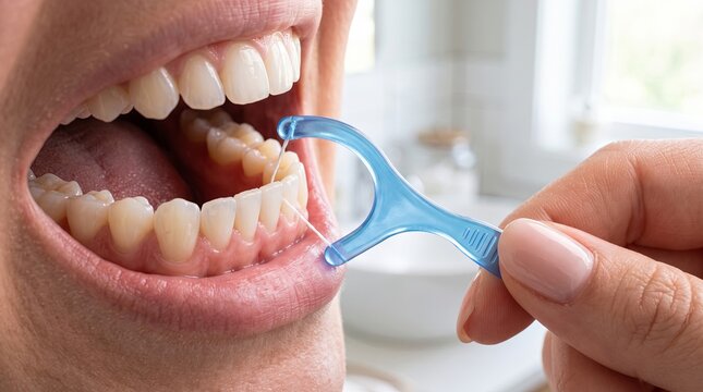 Closeup of person using blue floss pick between lower teeth for daily oral care