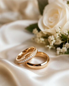 Two polished gold wedding rings arranged on soft ivory satin beside delicate flowers, photographed in close focus with a dreamy romantic background.