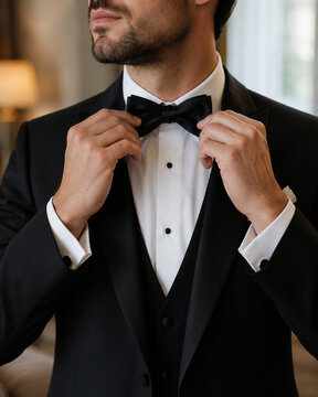 Close-up of a groom in a black tuxedo adjusting his bow tie before the ceremony, sharply focused against a warm softly blurred preparation room.