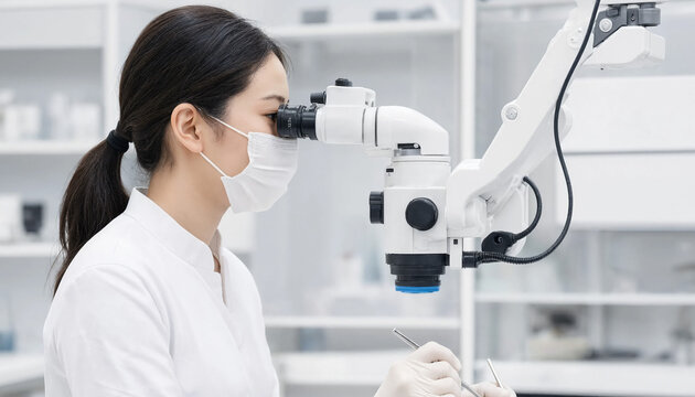 Medium close-up of an Asian female dentist with dark hair and fair skin wearing a medical mask and white uniform while using a dental microscope in a bright modern clinic under soft light
