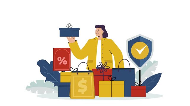 Happy young woman holding shopping bags flat vector illustration