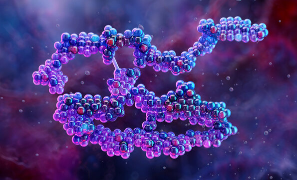Semaglutide peptide molecule chain 3D illustration rendering protein folding GLP-1 receptor agonist for weight loss and diabetes treatment floating on blurry micro background