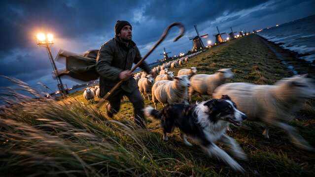 Caucasian shepherd and his Border Collie dog herding a flock of Ovis aries sheep running along a grassy dike at dusk with traditional Dutch windmills and dramatic stormy sky in the background
