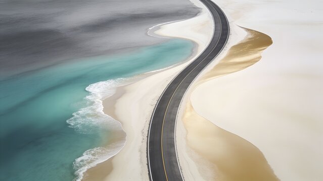Aerial view of coastal highway curving along turquoise lagoon and sandbars