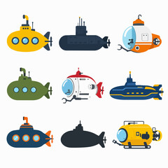 Naklejka premium A collection of various colorful submarine illustrations arranged in a grid against a white background.