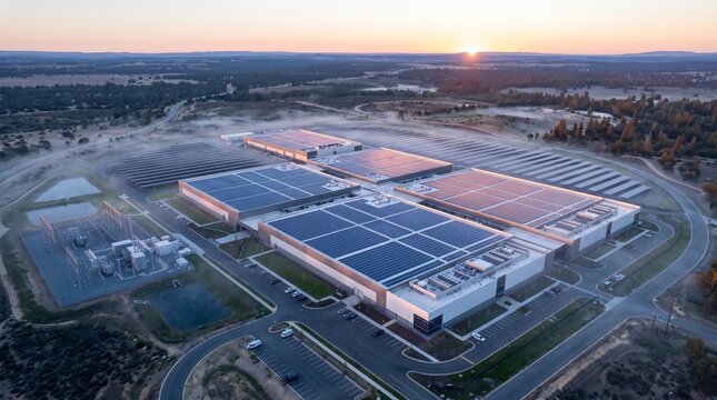 Aerial of a Solar Roofed Campus at Sunrise With Low Mist Streaming Across the Scrub and Warm Amber Facade Lighting Rimming Every Building Under a Horizon Sun Technology