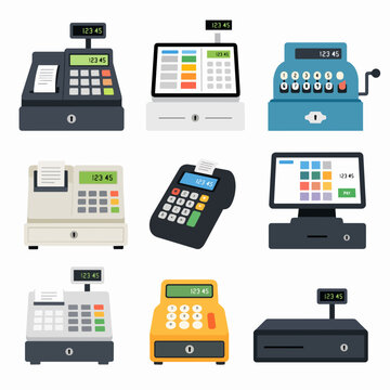 A collection of various cash registers and point of sale terminals are displayed as flat vector icons on a white.