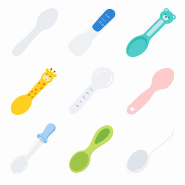 A collection of colorful baby spoons with various animal motifs and designs is arranged on a white background.