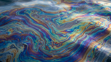 Fototapeta premium Colorful iridescent oil slick abstract pattern on water