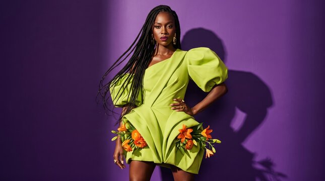 Female model posing confidently in lime green sculptural dress with floral accents against purple backdrop, strong fashion portrait with dramatic lighting and poised stance