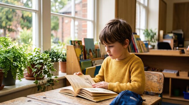 Young boy reading book at wooden school desk by window with potted plants and soft daylight, focused elementary student study moment indoors