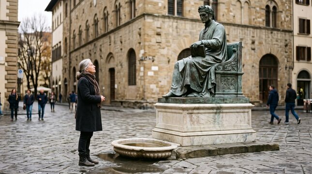 Elderly Woman Gazes at Dante Alighieri Statue in Florence Piazza on a Cloudy Day