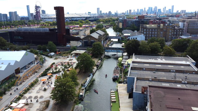 Hackney Wick Canal Bars Aerial Drone Shot
