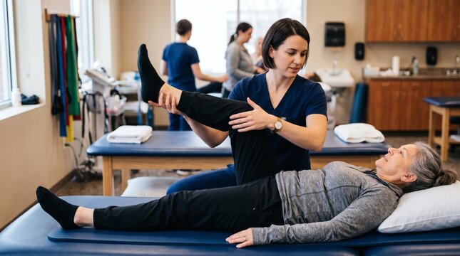 Physical therapist assisting senior woman with leg stretch on therapy table in clinic