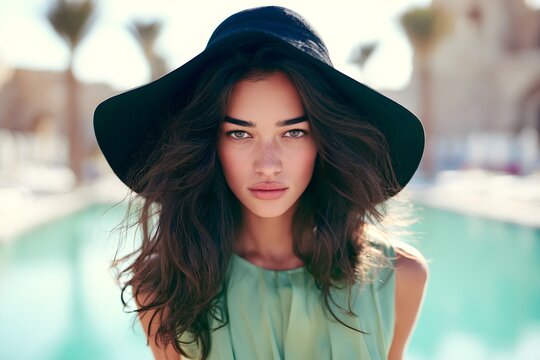 Elegant woman in sun hat at luxury resort, beautiful brunette model by swimming pool, summer vacation lifestyle portrait