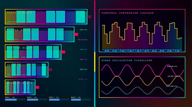 A digital conversion funnel display presents pulsing data bars with fluctuating wave monitors across a dark grid screen showing rhythmic analytical pulses and server flow metrics