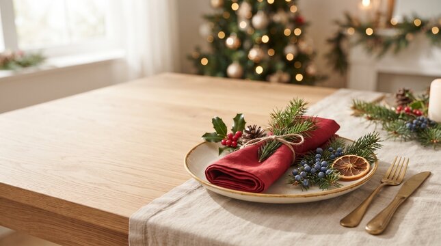 cozy christmas table setting with plate red linen napkin fir branch dried orange slice and golden cutlery with blurred christmas tree background