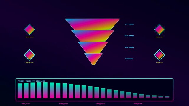A digital conversion funnel display presents animated charts and geometric shapes that illustrate data movement patterns across three screen views on a dark purple screen interface