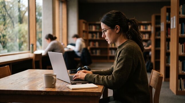 Young woman studying on laptop in library with bookshelves and large window view of trees