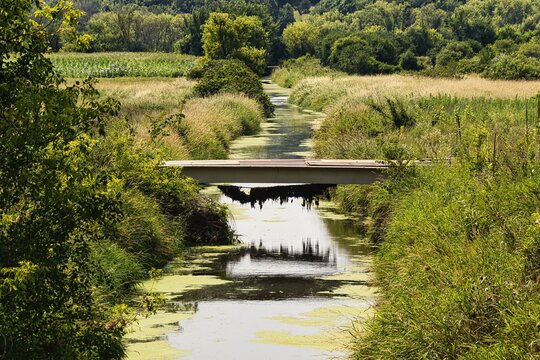 Sunny summer day view of a creek passing beneath a wooden bridge amid forests and fields along the Glacial Drumlin State Trail near Johnson Creek, Wisconsin.