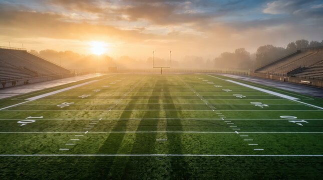 Empty football stadium with painted turf and goalpost stretching toward sunrise, long field lines and misty dawn light across bleachers and scoreboard in athletic venue