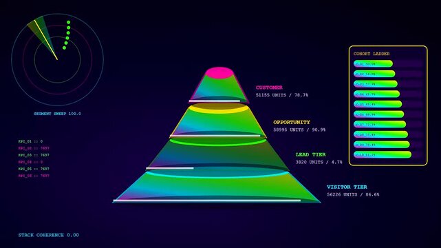 A conversion funnel displays dynamic data visualizations featuring glowing neon pyramid charts and circular radar screens within a dark digital interface showing complex analytical metric flows