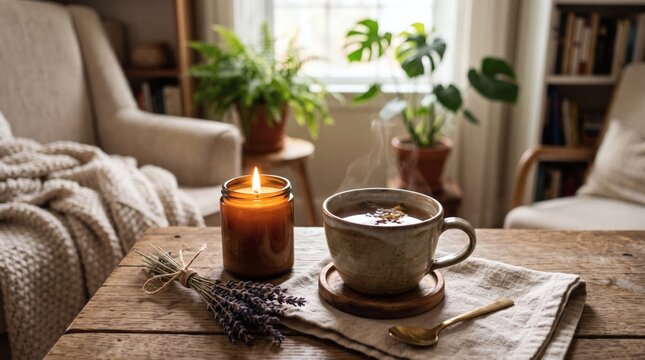 Cozy living room scene with steaming cup of tea, lit candle, and lavender on a rustic wooden table