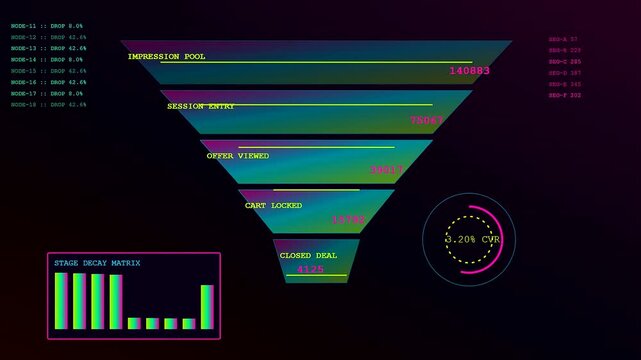 A detailed conversion funnel visualization displays dynamic data metrics in three distinct sequential stages shown on a glowing monitor screen with vibrant digital neon graphical elements