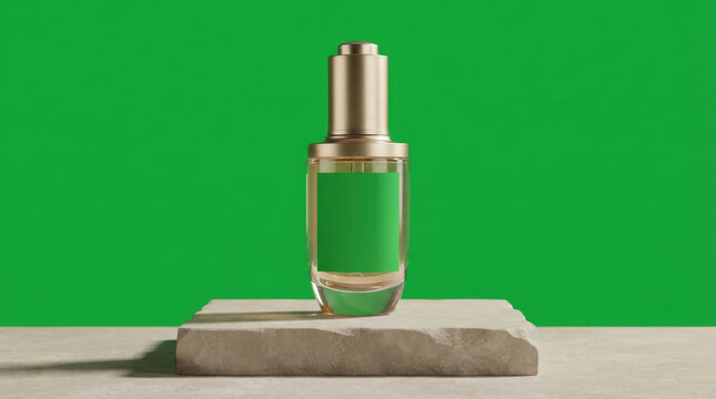 Elegant glass dropper bottle with blank green label rests on a stone pedestal against a vibrant green background.