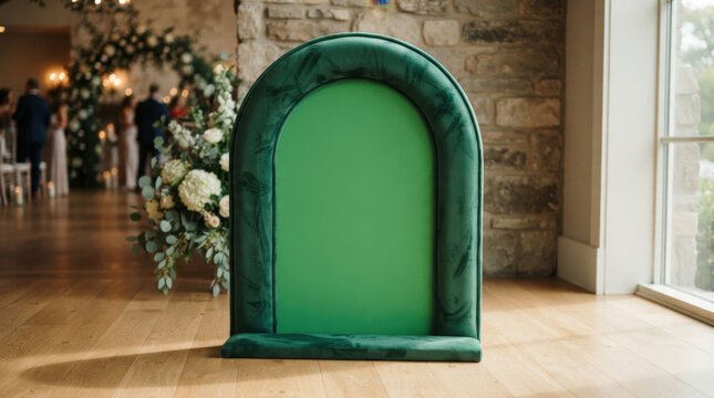 Elegant arched green velvet sign display frame for wedding entrance or event signage mockup placed on rustic wood floor in luxury venue setting.
