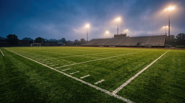 Empty illuminated football field with marked white lines and green turf under stadium lights at dusk, quiet outdoor sports venue with misty atmospheric mood and symmetry