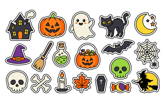 Set of cute halloween stickers featuring spooky characters and traditional autumn holiday icons in a flat vector style