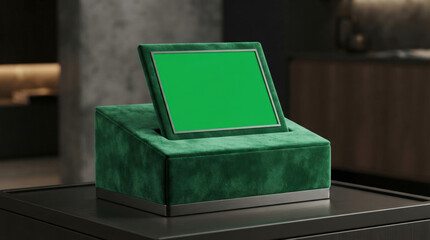 Fototapeta premium Green velvet digital tablet stand on dark table within luxury interior for product display or electronic menu presentation in restaurant.