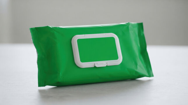 Green wet wipes soft packaging with white plastic flip lid and empty center label area for hygiene product branding and commercial design.