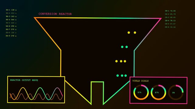 a colorful digital conversion funnel process displaying shifting geometric nodes and fluid waveform data lines across a dark environment that moves in a repeating rhythmic motion