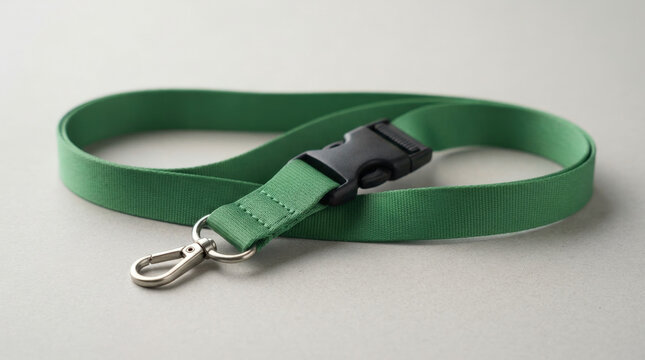 Green woven fabric neck lanyard with black plastic safety breakaway buckle and silver metal swivel lobster claw hook on gray background.
