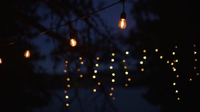 Warm hanging bulbs glow above blurred fairy lights in dark forest, creating a cozy nighttime campsite atmosphere with golden bokeh and deep blue shadows among silhouetted trees
